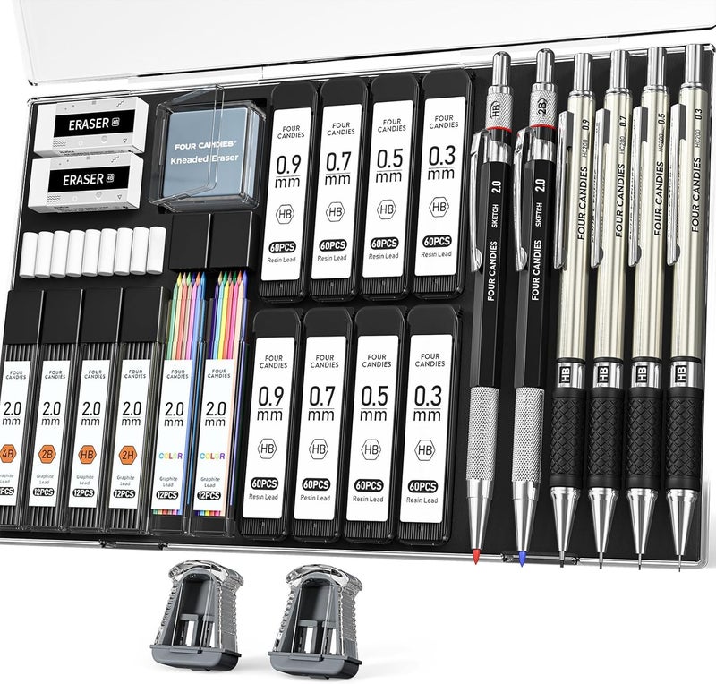 Four Candies 27PCS Art Mechanical Pencil Set with Case, 4PCS Metal Drawing Pencil 0.3, 0.5, 0.7, 0.9 mm & 2PCS 2mm Lead Holder (HB 2H 2B 4B Color) with 552 Graphite Lead Refills for Drawing Sketching - Image 1